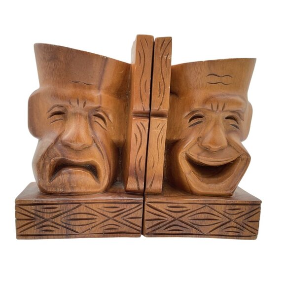 Vtg 1960s MCM Comedy & Tragedy Theatre Bookends Solid Wood by Mirsani 8 x 5 x 3